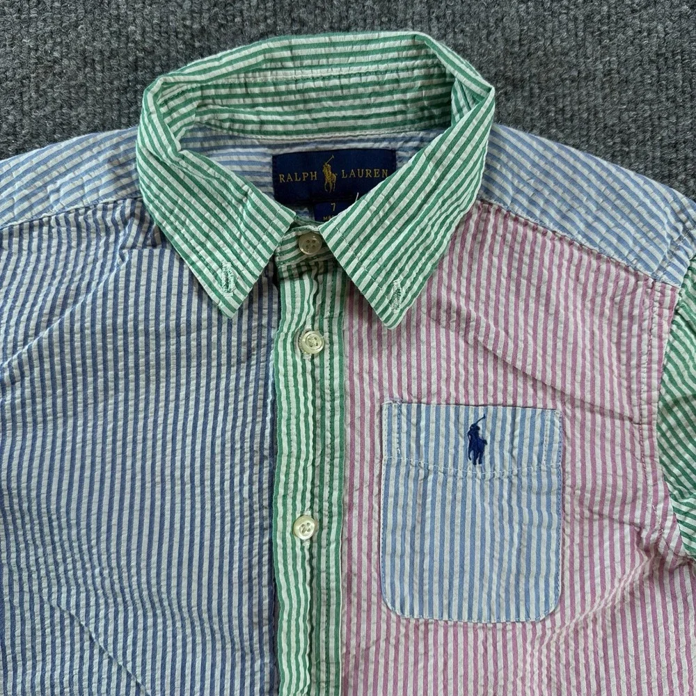 Ralph Lauren Kids Boys Multi Color Seersucker Striped Button Down Shirt Size 7